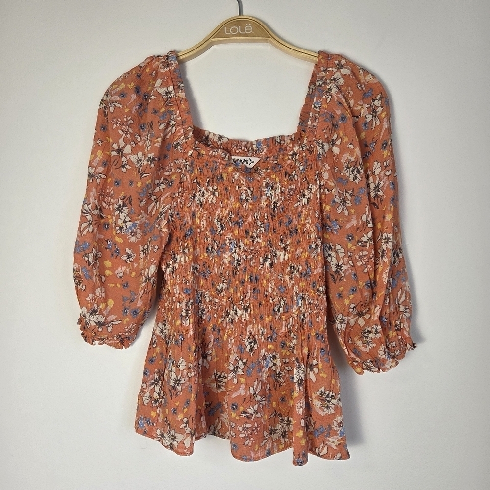 Nanette Lepore Floral Ruffled Smocked Peplum Blouse - Picture 3 of 12